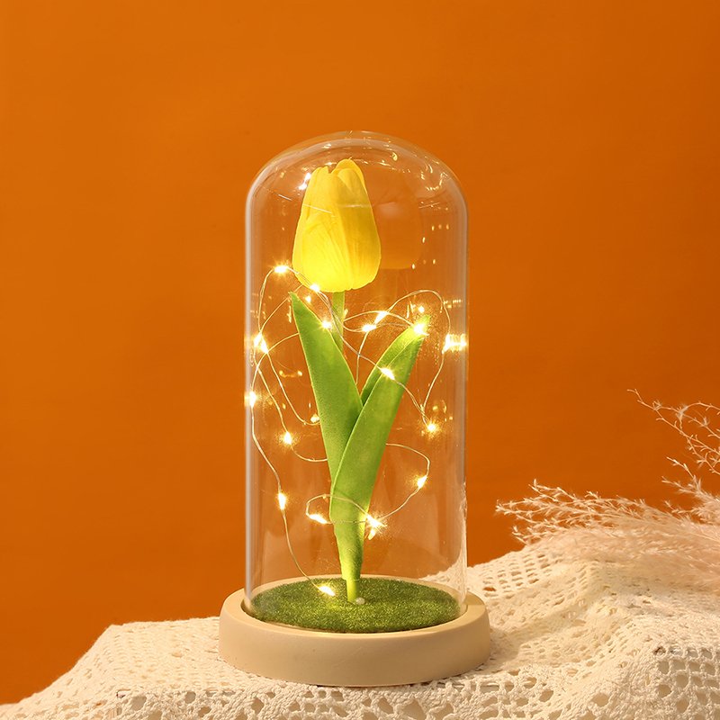 Wholesale Christmas Valentines Day Gift Tulips Preserved Flowers Tulips in Glass Dome With Led Light Gifts for Mom Women