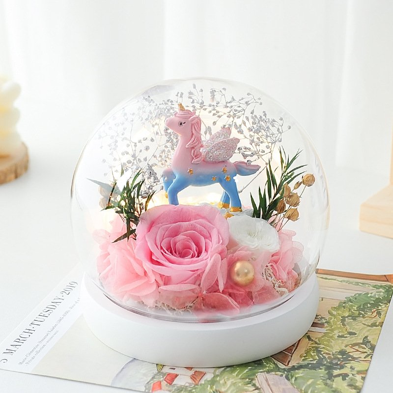 Valentine's Day Gifts Preserved Flowers Long Lasting Eternal Flowers Glass Cover With Colorful Unicorn Rose In Glass Dome