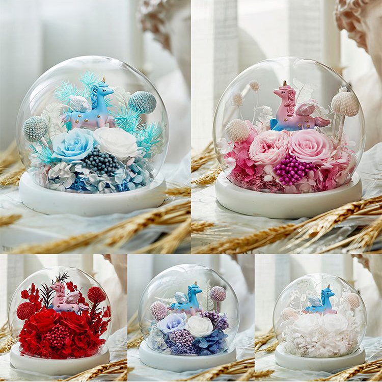 Valentine's Day Gifts Preserved Flowers Long Lasting Eternal Flowers Glass Cover With Colorful Unicorn Rose In Glass Dome