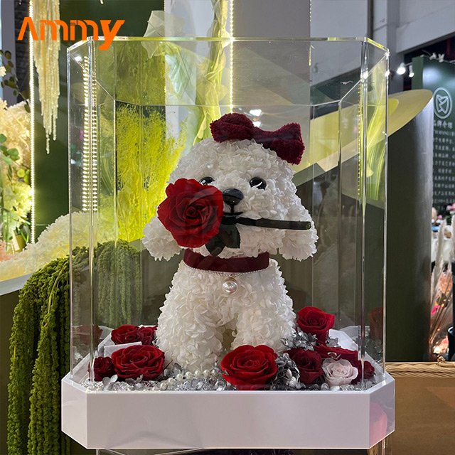 Ammy valentine's day gift Christmas Preserved Flower Dog Eternal flower acrylic gift box wedding decoration gifts for women