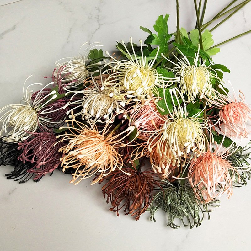 New 5 head artificial open needle pincushion protea flower for wedding deco