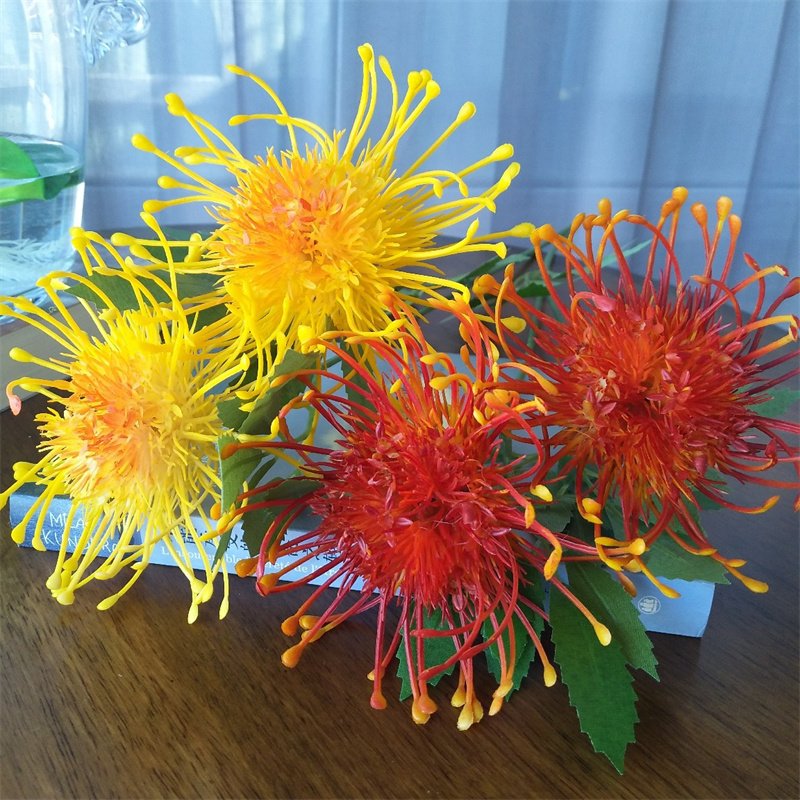New 5 head artificial open needle pincushion protea flower for wedding deco