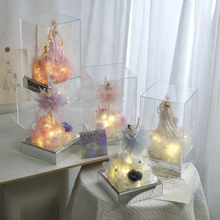 Hot Ribbon Shaped Temperament Goddess Doll Shaped Lamped Decoration Preserved Rose Flower in Gift Boxes