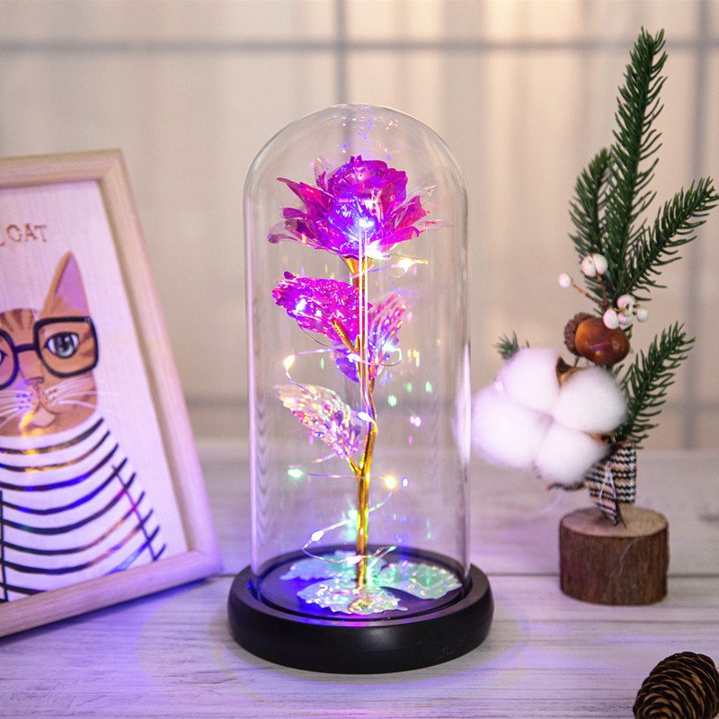 Foil Roses With Luminous Led Light Glass Dome For Mothers Day Gift galaxy led rose in glass dome for valentines day