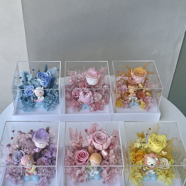 Manufacturer Low Price Flower Bouquet Twelve Zodiac Signs Cute Pet Shapes Dry Flower Decoration Preserved Rose Gift Box