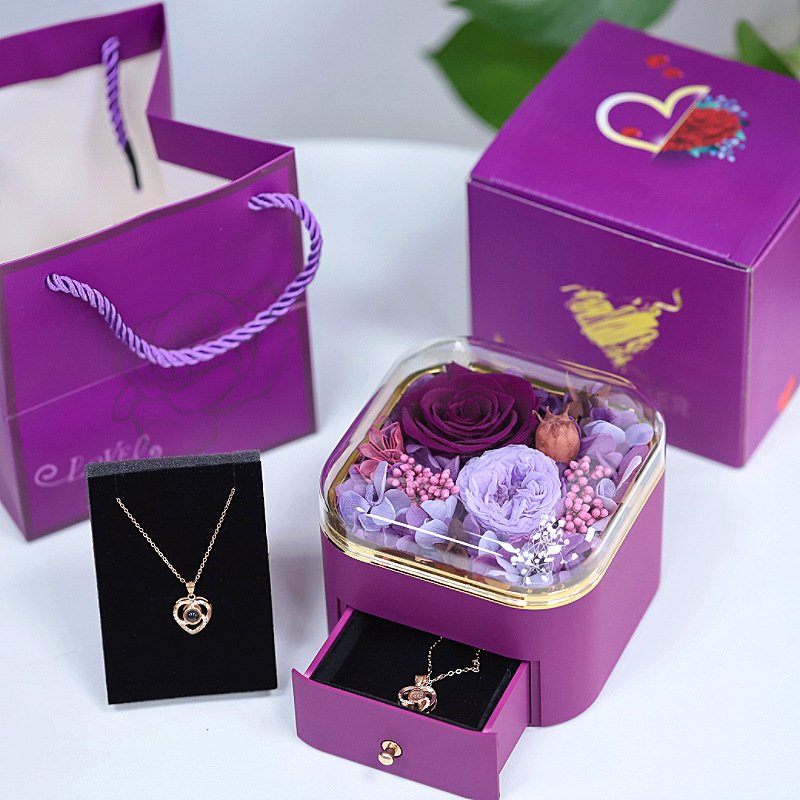 Real Preserved Rose Flower Eternal Forever Rose Jewelry Box Gift with gift bag for Valentines/Mother's Day Gift