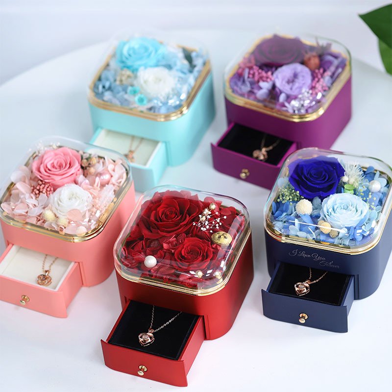 Real Preserved Rose Flower Eternal Forever Rose Jewelry Box Gift with gift bag for Valentines/Mother's Day Gift