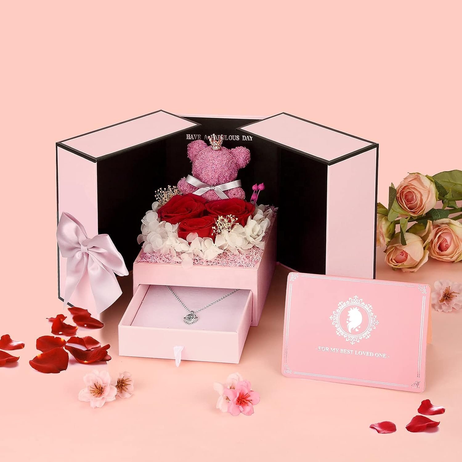 TC Amazon Luxury LED Jewelry Double Open Door Drawer Box Preserved Rose Flower Valentines Mothers Day Gifts Moss Bear With Box