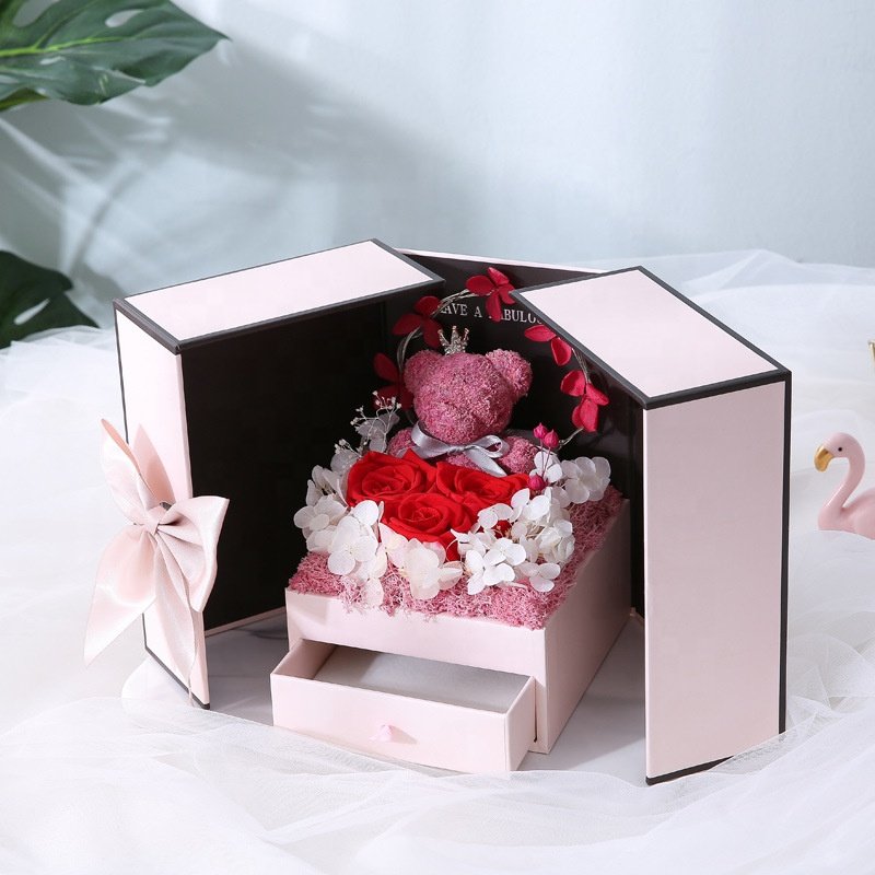 TC Amazon Luxury LED Jewelry Double Open Door Drawer Box Preserved Rose Flower Valentines Mothers Day Gifts Moss Bear With Box