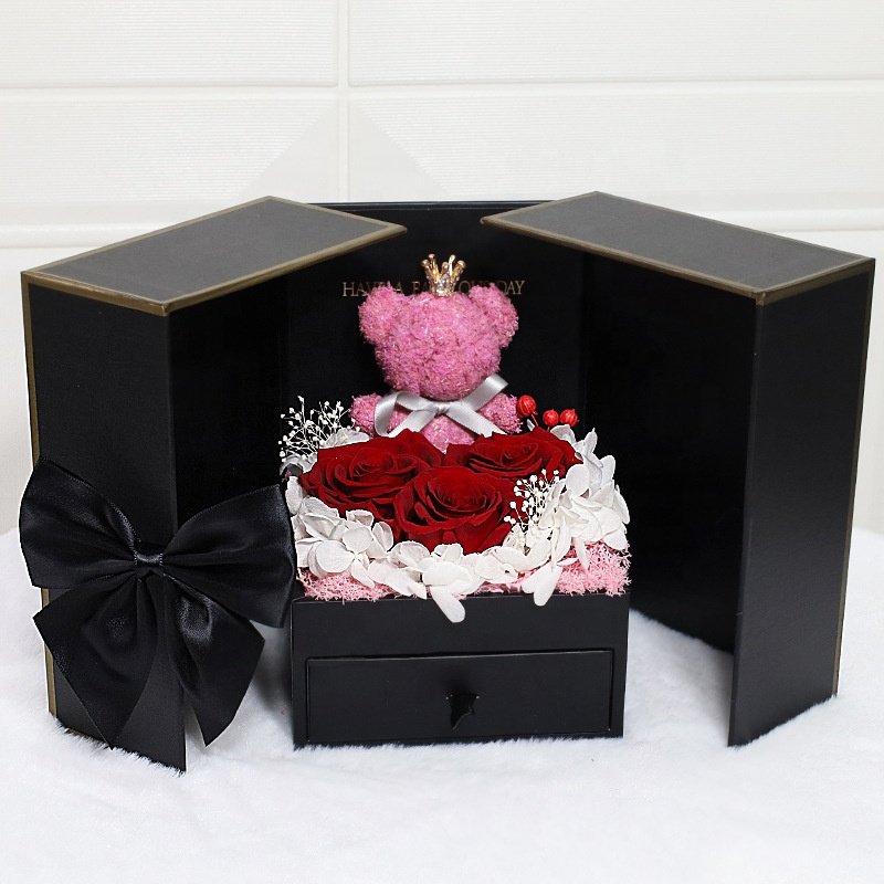 TC Amazon Luxury LED Jewelry Double Open Door Drawer Box Preserved Rose Flower Valentines Mothers Day Gifts Moss Bear With Box