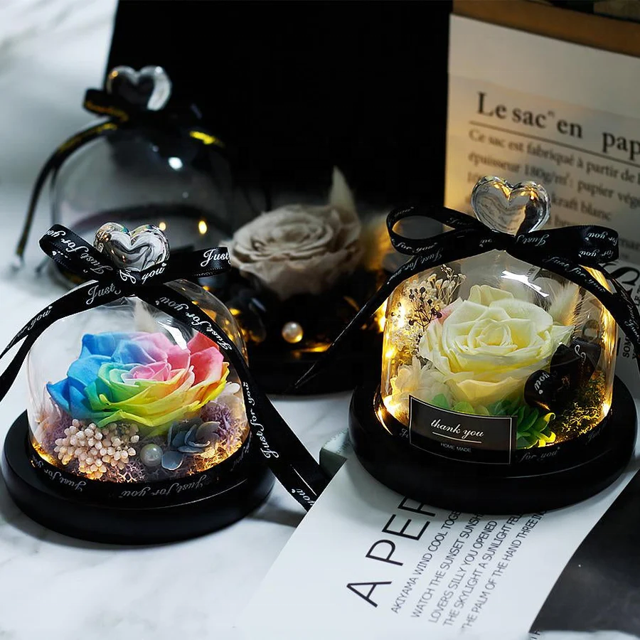 Luxury preserved rose gift fresh flowers with heart shaped glass dome ribbon sets handcrafted glass rose keepsake for sale