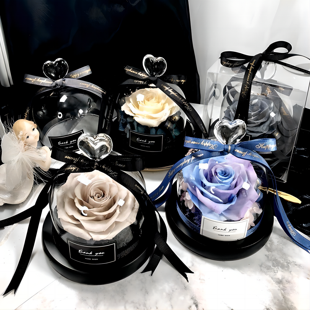 Luxury preserved rose gift fresh flowers with heart shaped glass dome ribbon sets handcrafted glass rose keepsake for sale