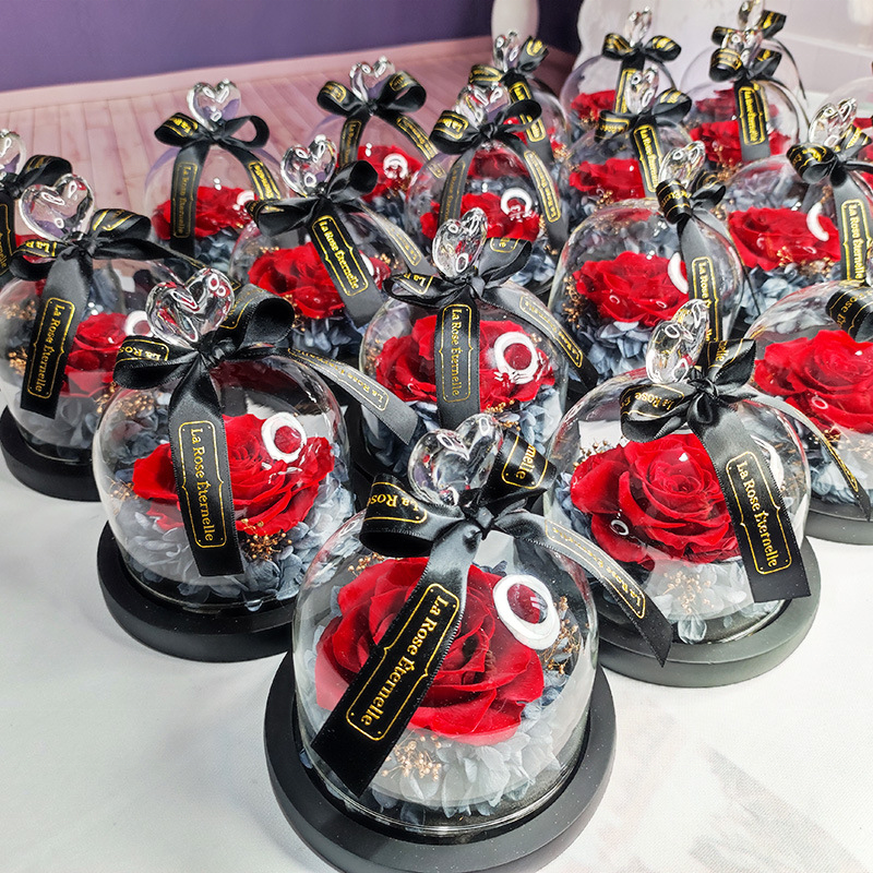 Luxury preserved rose gift fresh flowers with heart shaped glass dome ribbon sets handcrafted glass rose keepsake for sale