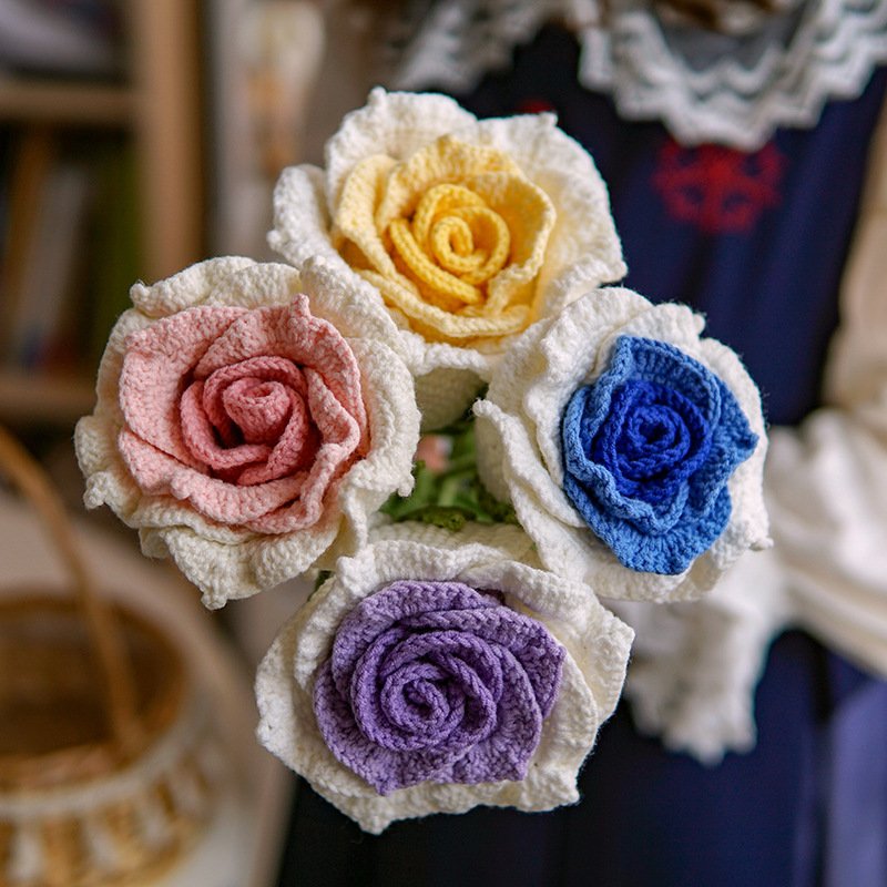 Crochet Flowers Knitted Artificial Flower Eternal Preserved Thai Rose Christmas Valentine's Day Gifts Crochet Rose Flower