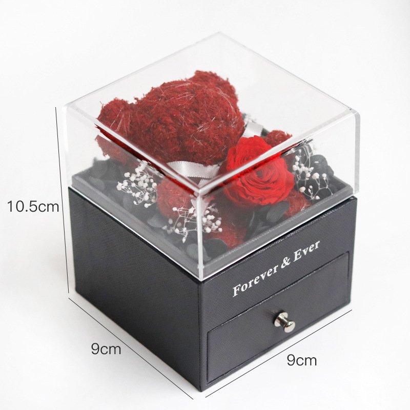 Rose Bear Necklace Ring Jewelry Gifts Box For Valentine Mother's Day Real Preserved Rose Flower Gift Box