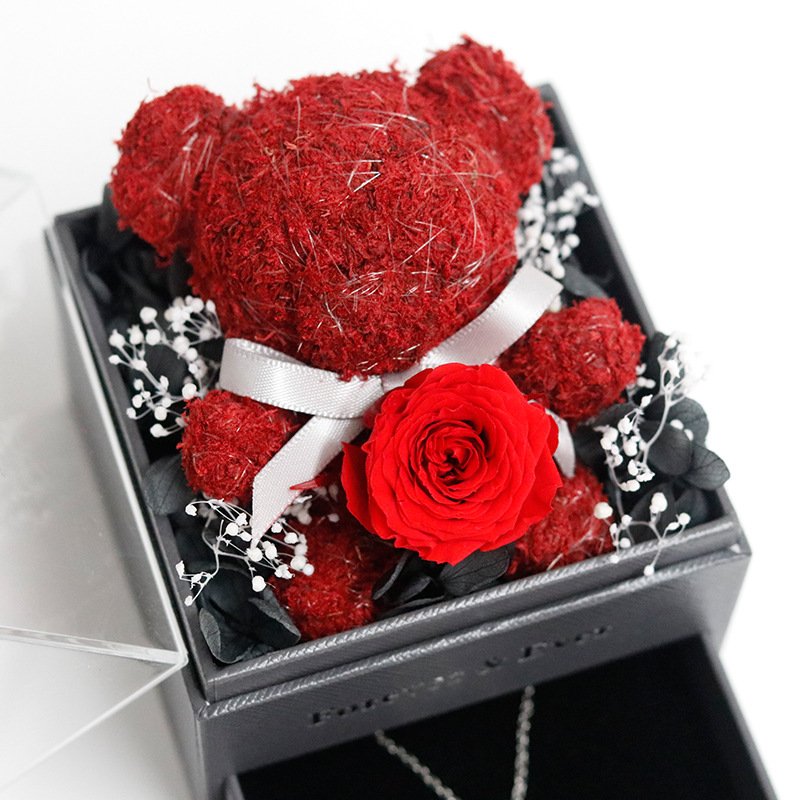 Rose Bear Necklace Ring Jewelry Gifts Box For Valentine Mother's Day Real Preserved Rose Flower Gift Box