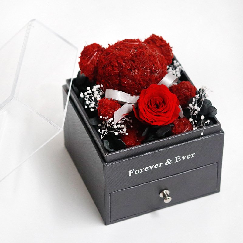Rose Bear Necklace Ring Jewelry Gifts Box For Valentine Mother's Day Real Preserved Rose Flower Gift Box