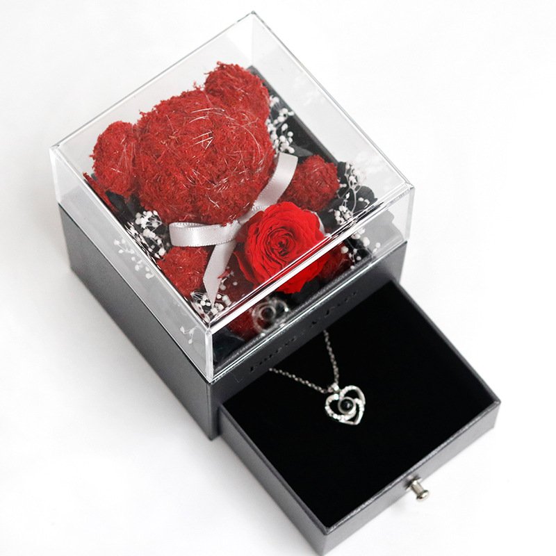 Rose Bear Necklace Ring Jewelry Gifts Box For Valentine Mother's Day Real Preserved Rose Flower Gift Box