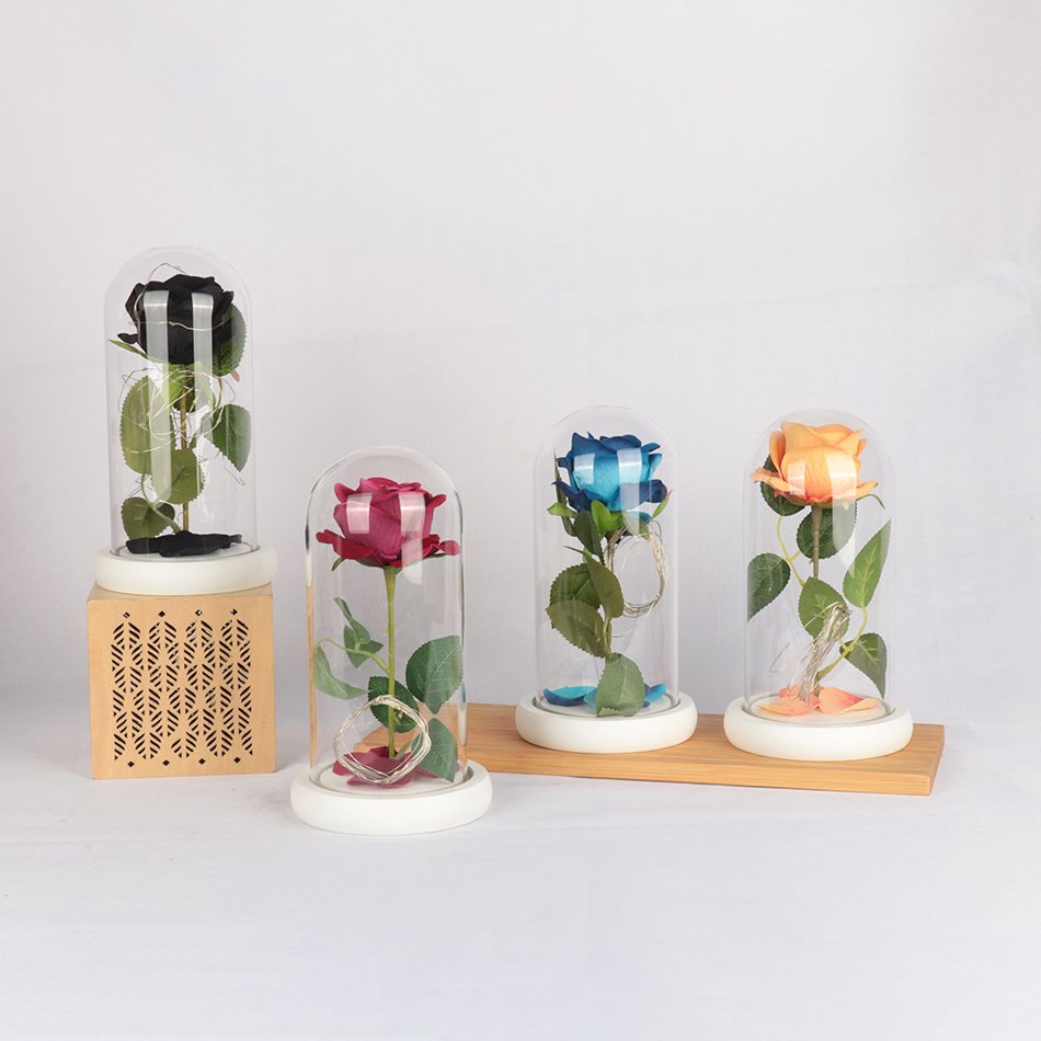 wholesale glass dome enchanted everlasting colorful artificial roses forever eternal natrral preserved flower rose gift led dome