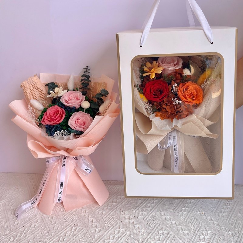 luxury natural real touch blue and white preserved graduation 4 roses bouquet flower gift box packaging