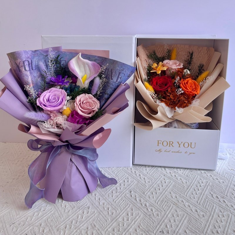 luxury natural real touch blue and white preserved graduation 4 roses bouquet flower gift box packaging