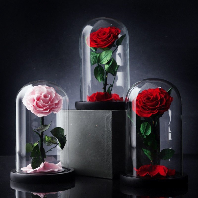 TC Wholesale Custom Logo Red Eternal Forever Rose Flower Gift Packaging Heart Box Valentines Gifts Preserved Roses In Glass Dome