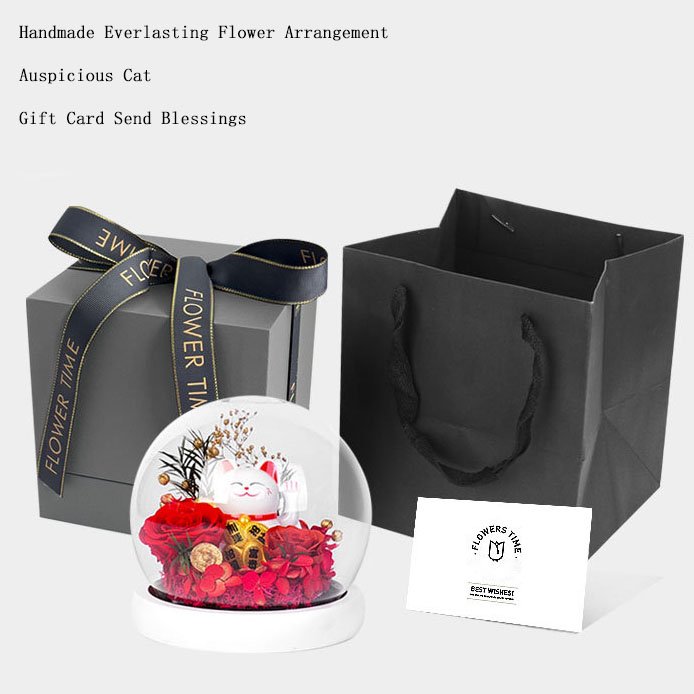 High Quality Lucky Cat Preserved Flower Glass Cover Ornament Handmade Real Eternal Rose Lucky Cat In Glass Dome
