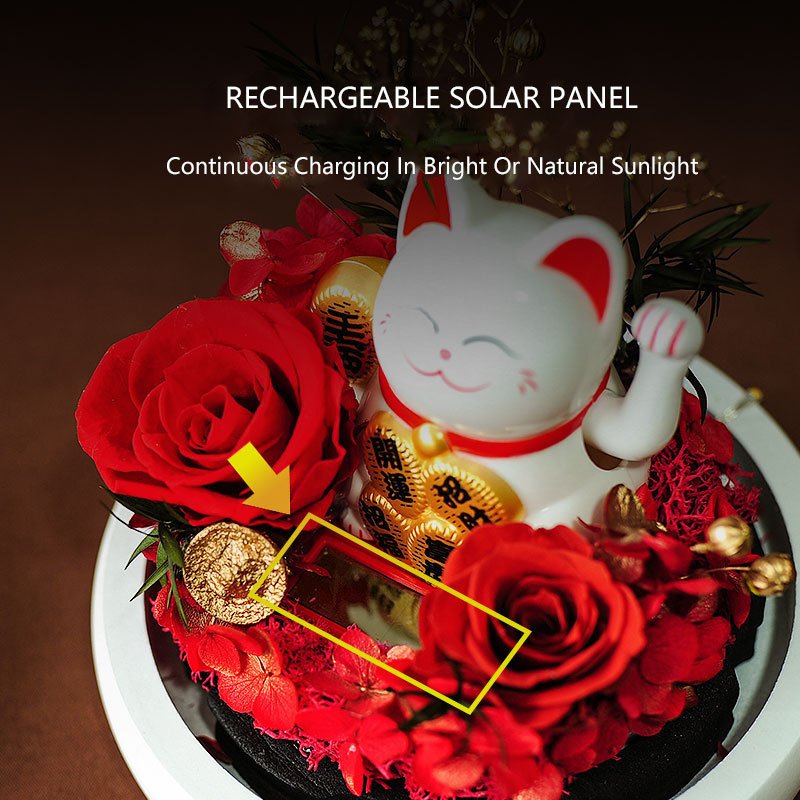 High Quality Lucky Cat Preserved Flower Glass Cover Ornament Handmade Real Eternal Rose Lucky Cat In Glass Dome