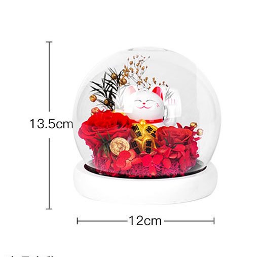 High Quality Lucky Cat Preserved Flower Glass Cover Ornament Handmade Real Eternal Rose Lucky Cat In Glass Dome