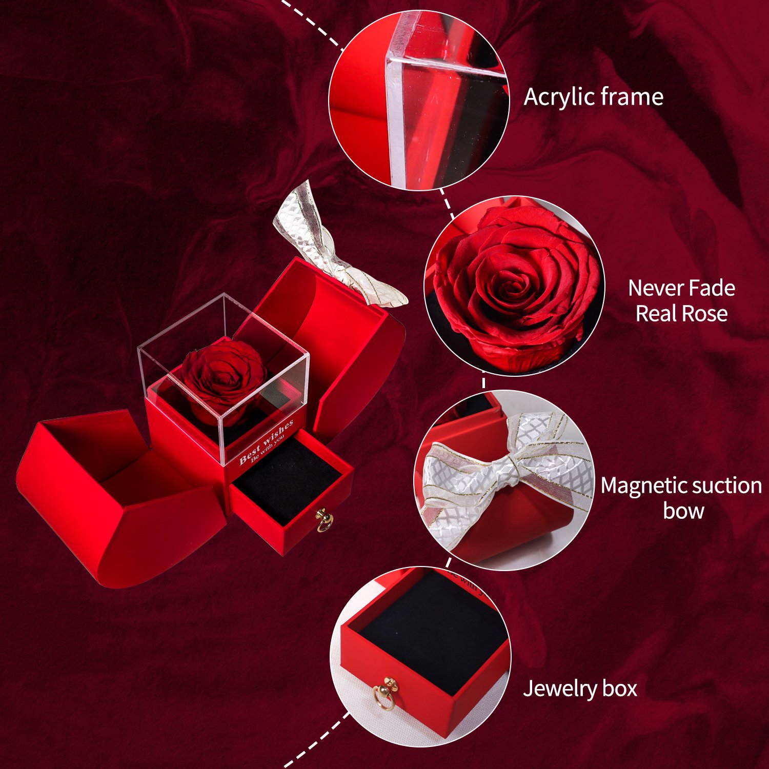 Christmas Valentines Day Gift Apple Shape Natural Eternal Rose Flower Box Preserved Rose Acrylic Jewelry Box Gifts for Mom Women