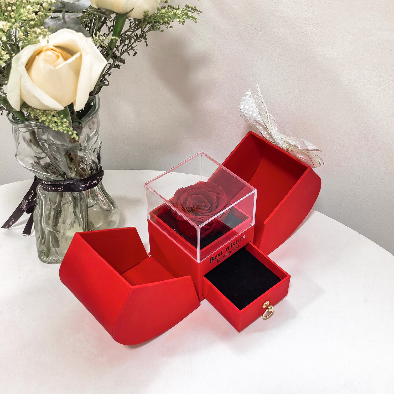 Christmas Valentines Day Gift Apple Shape Natural Eternal Rose Flower Box Preserved Rose Acrylic Jewelry Box Gifts for Mom Women