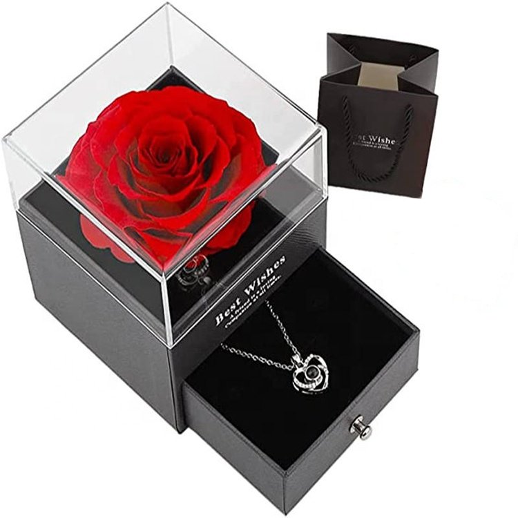 Valentines Day Eternal Rose Preserved Rose Flowers In a Acrylic Box Preserved Roses With Love You Necklace Gift Set