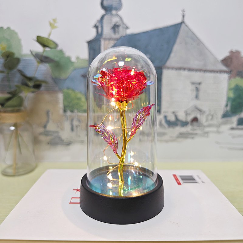 Gold Foil flowers preserved flower in Glass Dome Colorful Rainbow led lights simulation rose flower gift for wedding Valentines