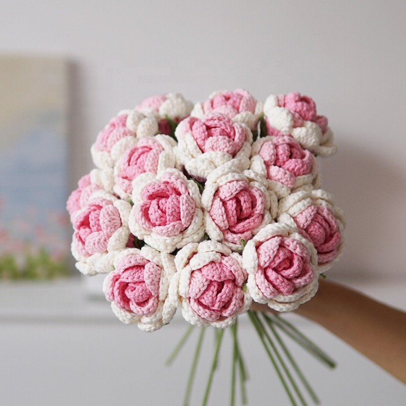 Hot Wool Red Knit Roses Flower Preserved Rose Flower Wedding Valentine's Day Mothers Day Gifts 2024 Knitted Crochet Flower Rose