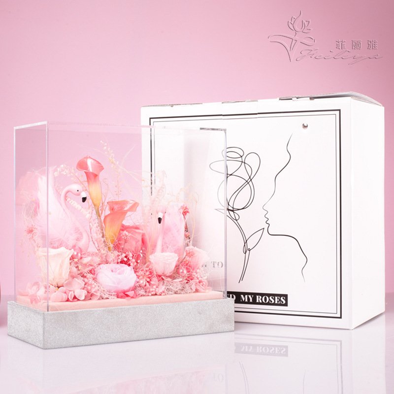 Valentines Day Gift Eternal Flower Swan Preserved Rose Acrylic Gift Box Gifts for Mom Women