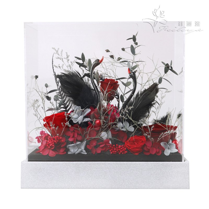 Valentines Day Gift Eternal Flower Swan Preserved Rose Acrylic Gift Box Gifts for Mom Women