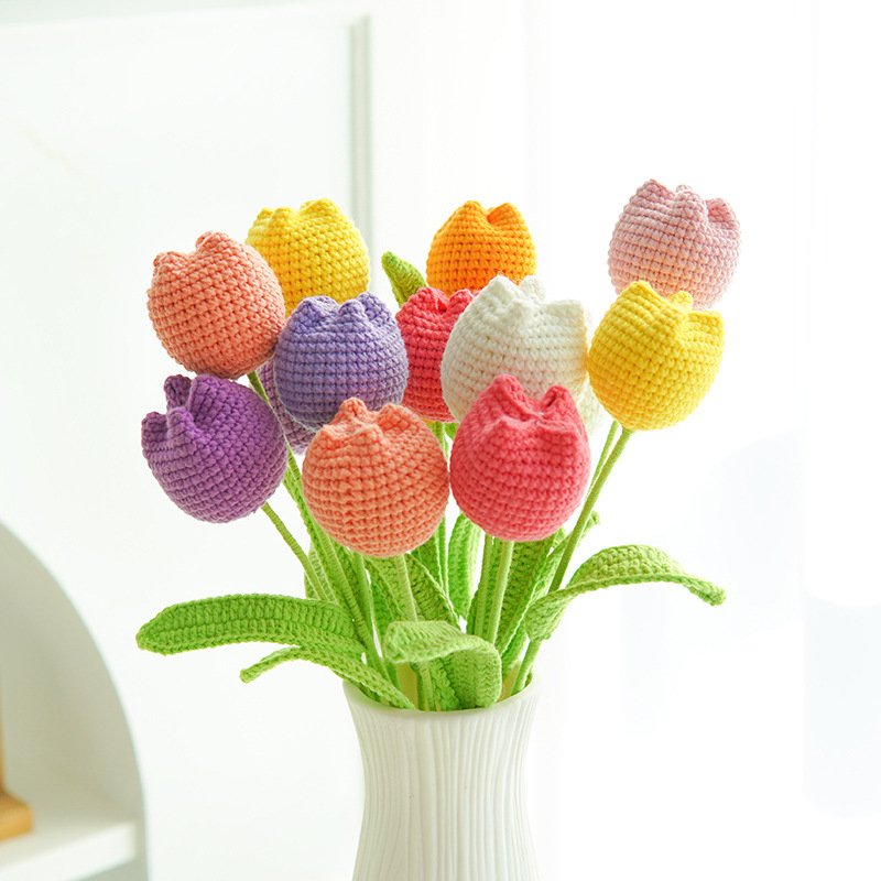 Handmade bouquet finished combed cotton artificial flower Tulip preserved flower gift woven flower