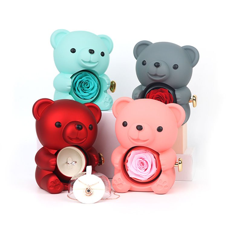 Wholesale long lasting eternal flower preserved roses in teddy bear shape jewelry box with i love u necklace for valentine's day