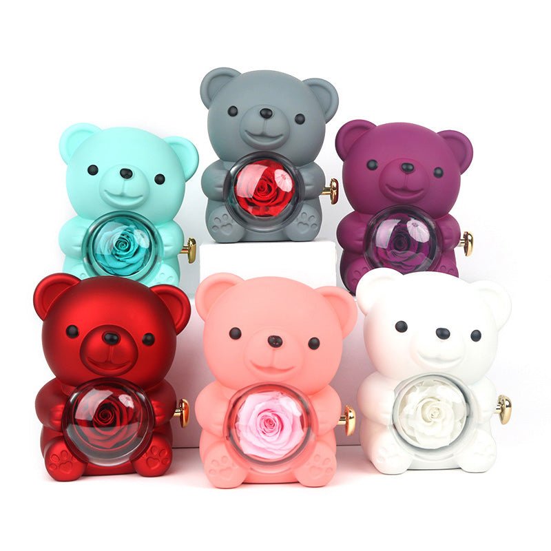 Wholesale long lasting eternal flower preserved roses in teddy bear shape jewelry box with i love u necklace for valentine's day