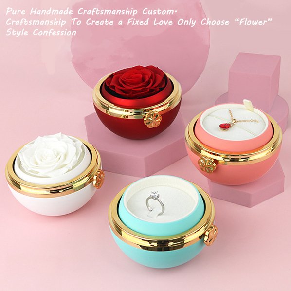 Customisable Preserved Flower Necklace Ring Gift Jewelry Box For Valentine's Day Circular Rose Rotating Ring Box