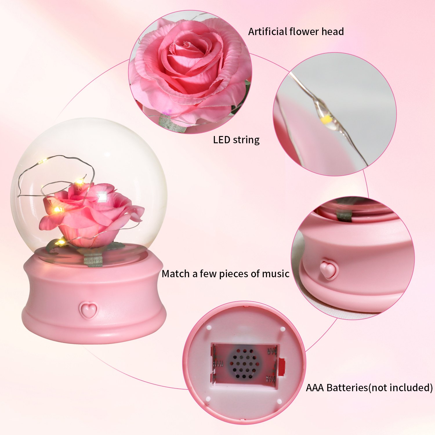 Christmas Valentines Day Gift Led Light Cute Music Box Soap Flower Artificial Preserved Roses in Glass Dome Gifts for Mom Women