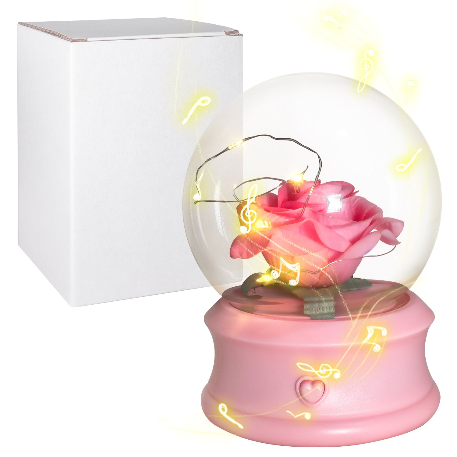 Christmas Valentines Day Gift Led Light Cute Music Box Soap Flower Artificial Preserved Roses in Glass Dome Gifts for Mom Women
