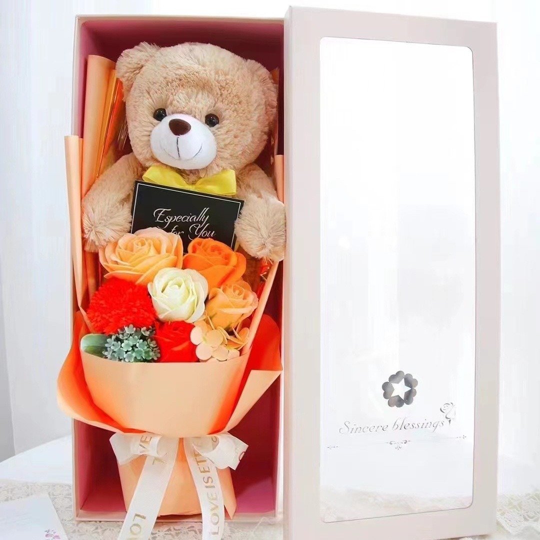 2024 New Fashion Gifts Preserved Rose with Teddy Bear for girlfriend gift soap flower rose bouquet