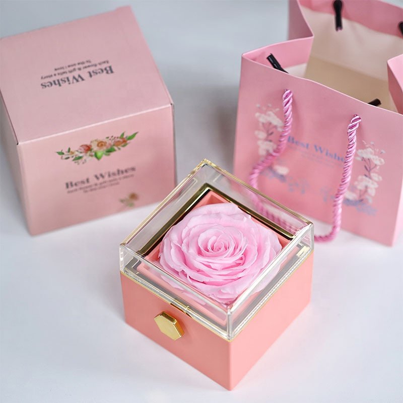 Romantic Eternal Rose Jewelry Acrylic Box Valentine's Day Wedding Gift Immortal Forever Roses Flowers In a Rotating Jewelry Box