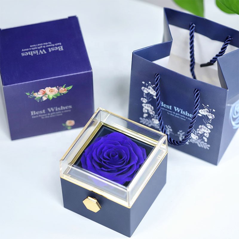 Romantic Eternal Rose Jewelry Acrylic Box Valentine's Day Wedding Gift Immortal Forever Roses Flowers In a Rotating Jewelry Box