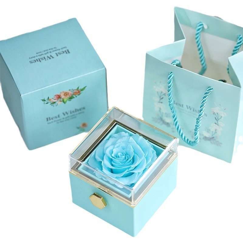 Romantic Eternal Rose Jewelry Acrylic Box Valentine's Day Wedding Gift Immortal Forever Roses Flowers In a Rotating Jewelry Box