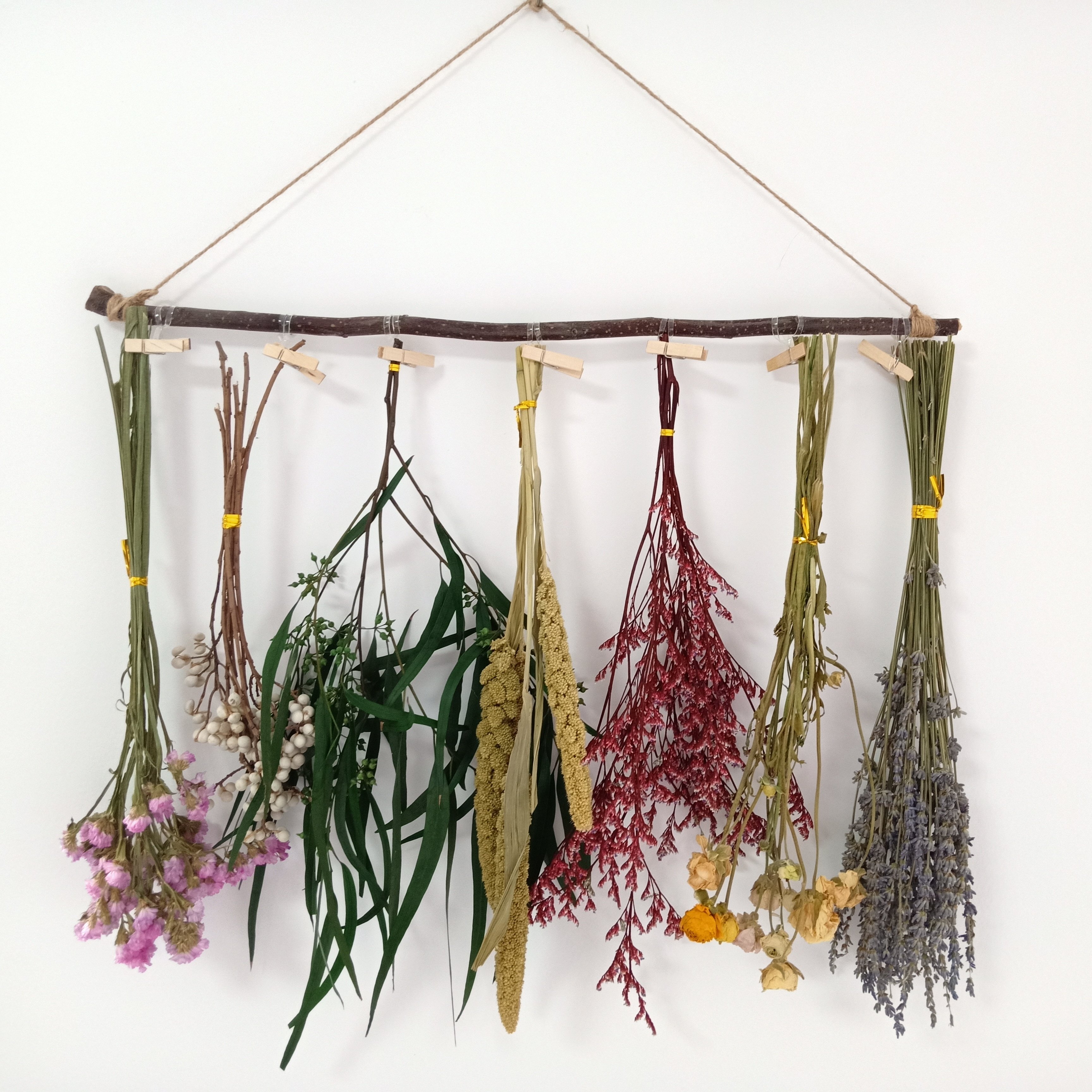 Hanging flower packs, wood stick, preserved or dried natural flower grass leaves, wall decoration