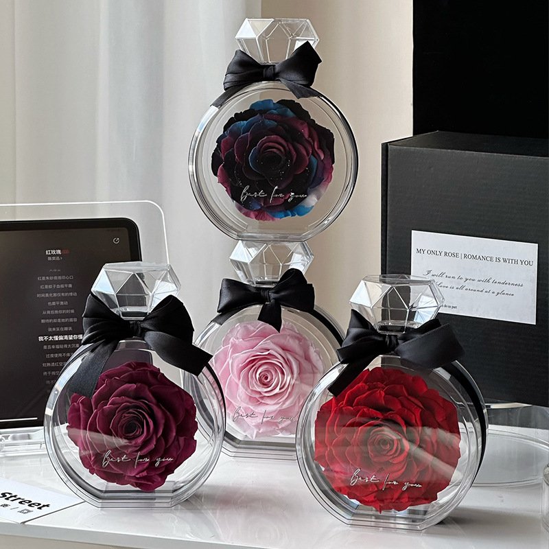 Wholesale preserved rose flower gifts box perfume bottle portable acrylic flower box eternal flower box for wife