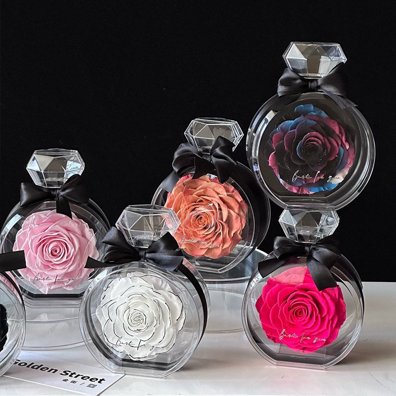 Wholesale preserved rose flower gifts box perfume bottle portable acrylic flower box eternal flower box for wife