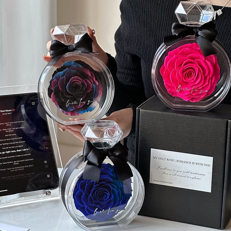 Wholesale preserved rose flower gifts box perfume bottle portable acrylic flower box eternal flower box for wife